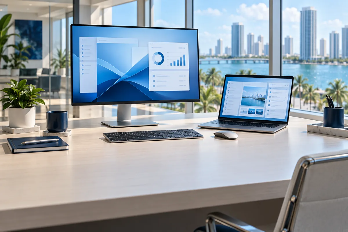 Business desktop computer and laptop with software on screen