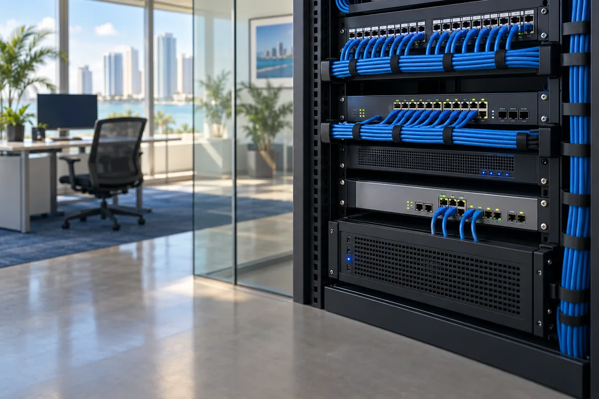 Organized business network rack and blue ethernet cables