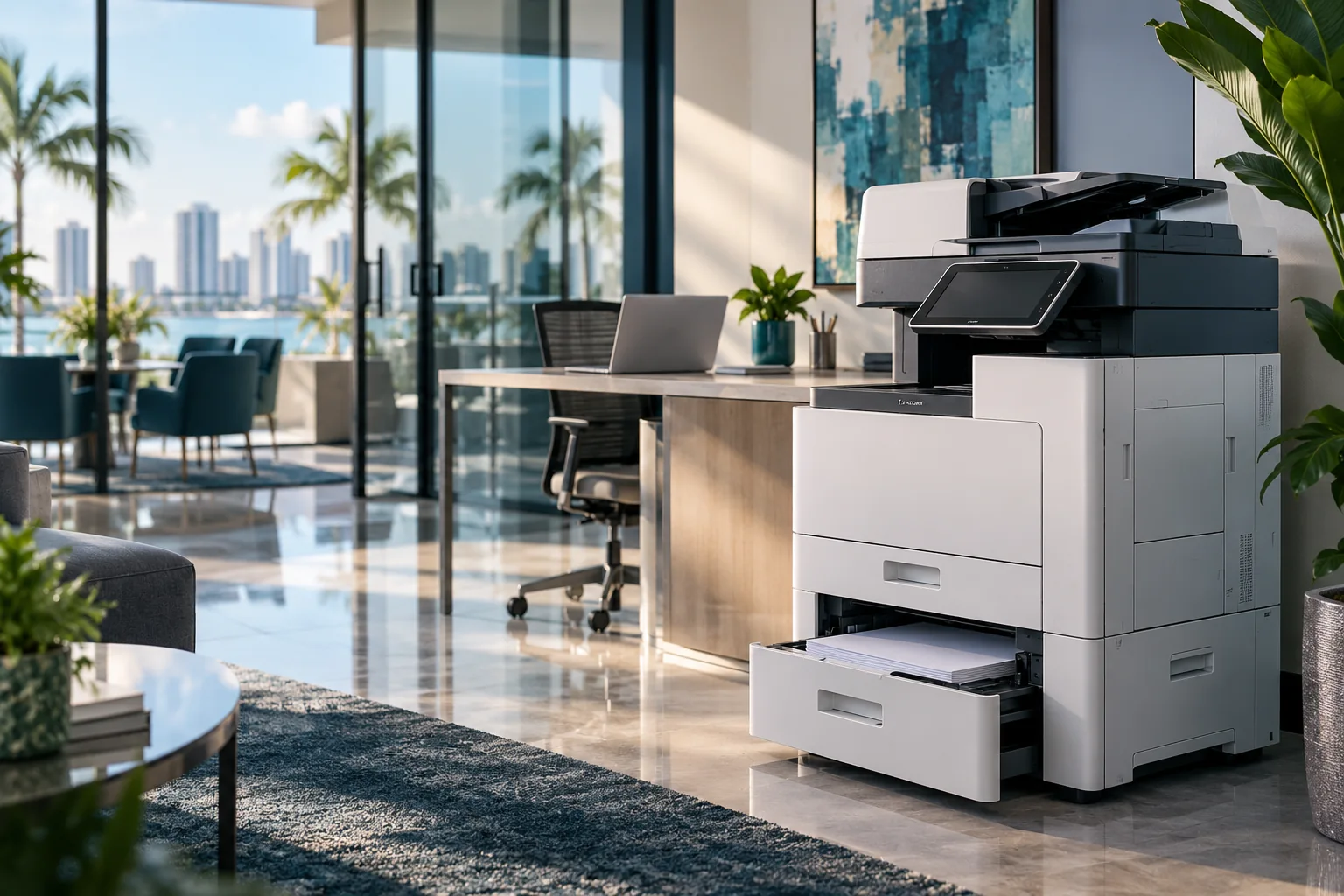 Modern multifunction copier in a bright office