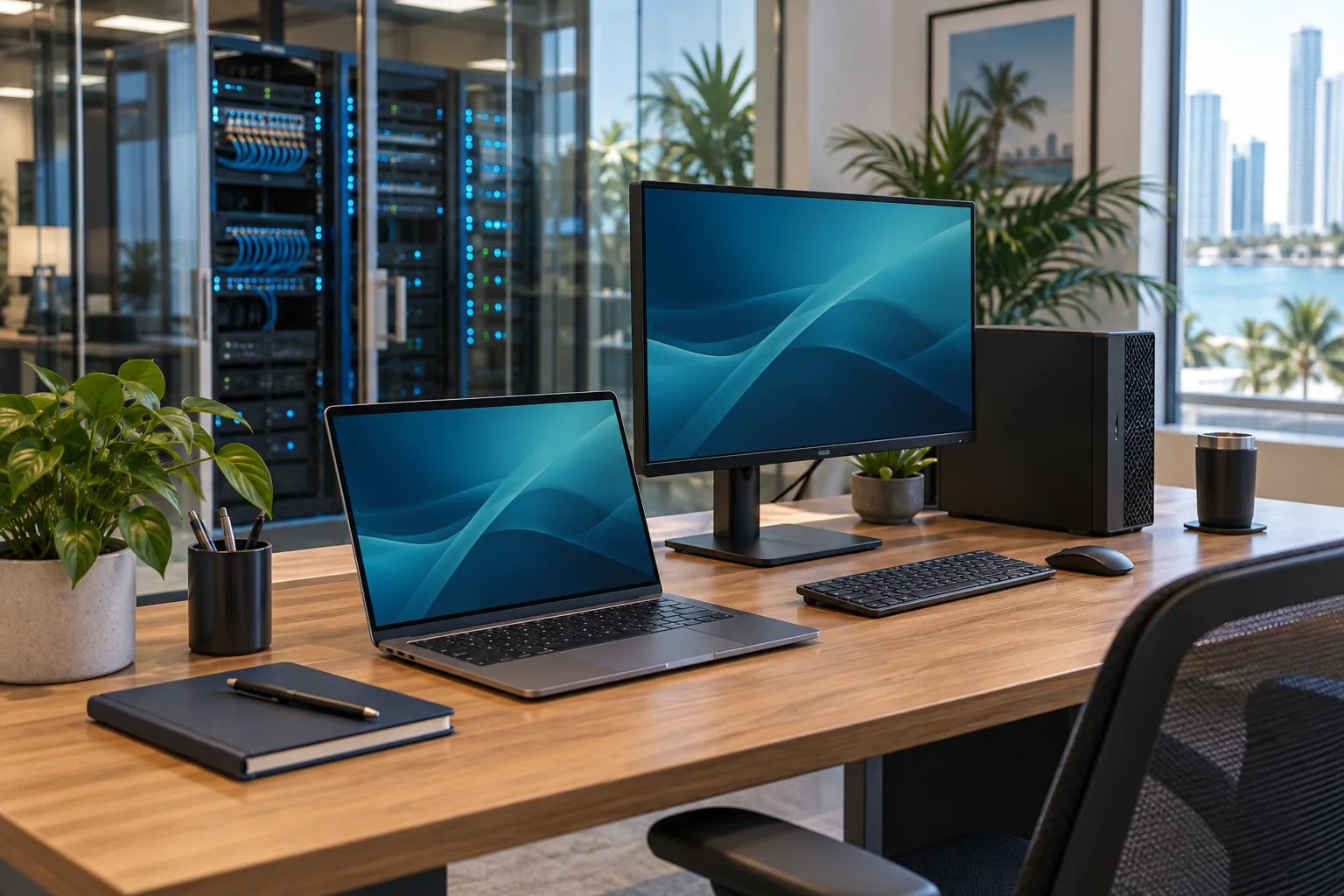 Desktop computer, laptop and organized office network equipment