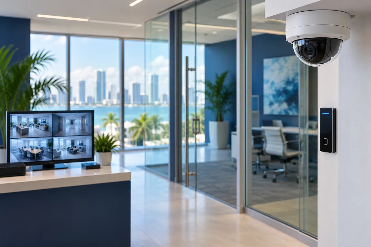 Office surveillance camera, access reader and security monitor